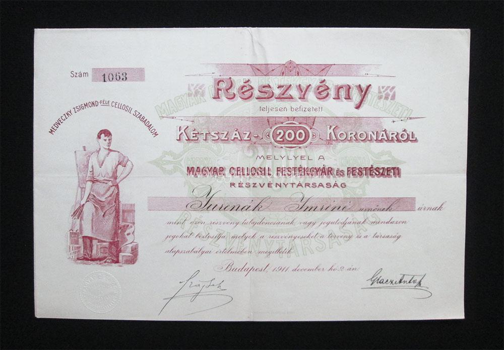 Magyar Cellosil Festékgyár részvény 200 korona 1911